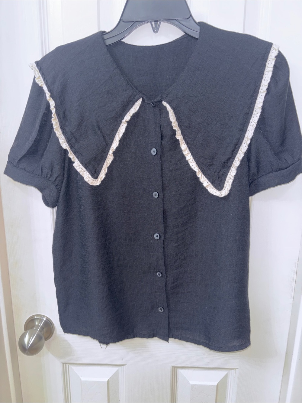 Black Button-Front Top with Oversized Lace-Trim Collar